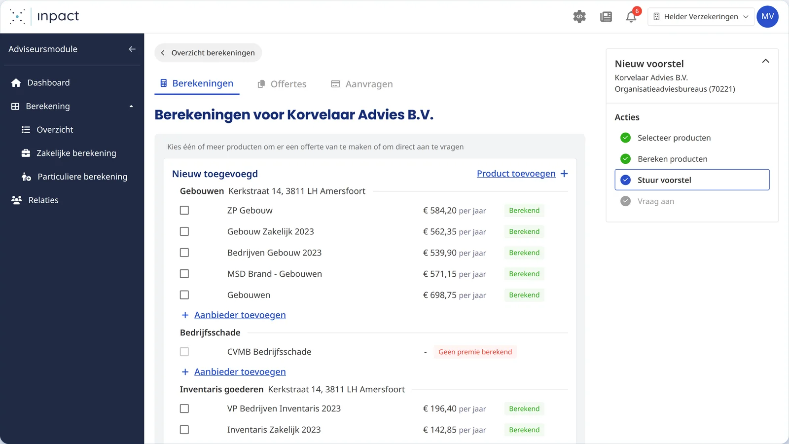 Scherm uit de Adviseurmodule: berekeningen voor een zakelijke klant, per product de premie van meerdere aanbieders naast elkaar, met rechts de stappen naar voorstel en aanvraag.