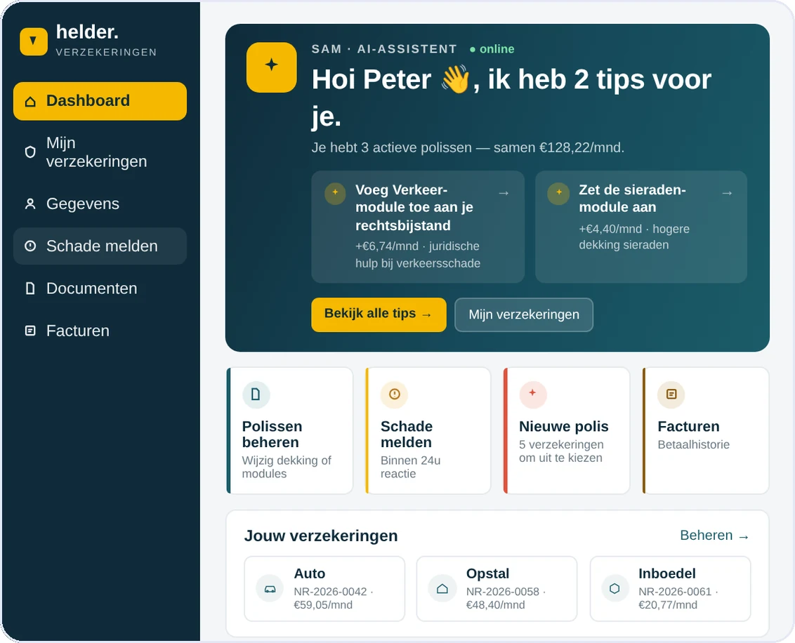 Conceptweergave van de volgende versie van de Klantmap: het overzicht van de eindklant met zijn polissen, de maandpremie, suggesties voor aanvullende dekking, en schade melden, documenten en facturen in het menu